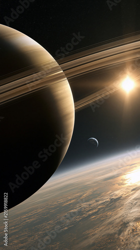 Earth seen from space with Saturn extremely close