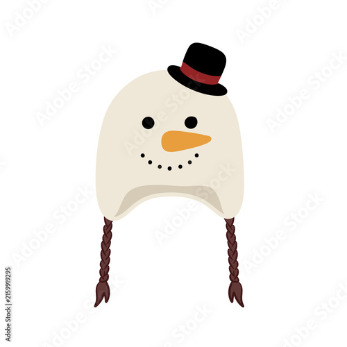 Cute snowman face winter hat with top hat and earflaps isolated on white background