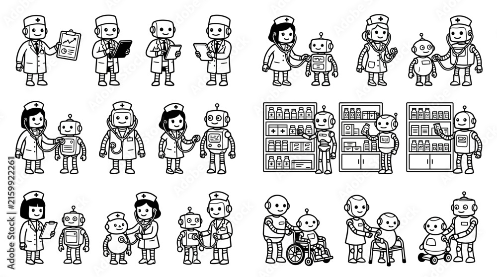 Fototapeta premium Robot assistant and medical care icon set depicts healthcare workers, nurses, doctors, and elder care.