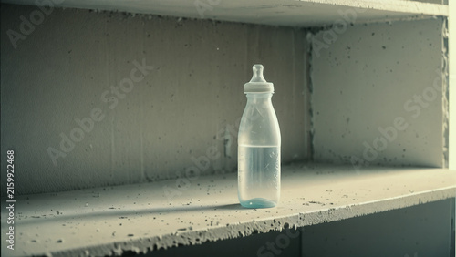 Lonely empty baby bottle on a dusty rustic shelf in an abandoned melancholic room