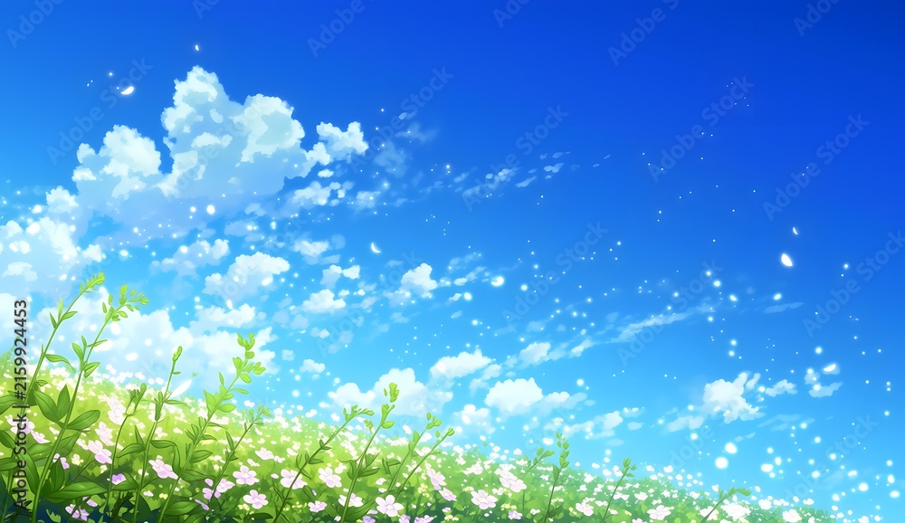 Fototapeta premium Illustration Style Anime d'un Ciel Bleu Lumineux avec Nuages et Champ de Fleurs Onirique