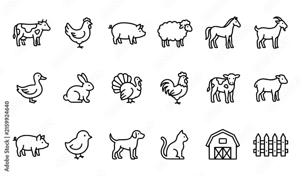 Obraz premium Simple Animal Farm Icons – Black Line Vector Set on White Background