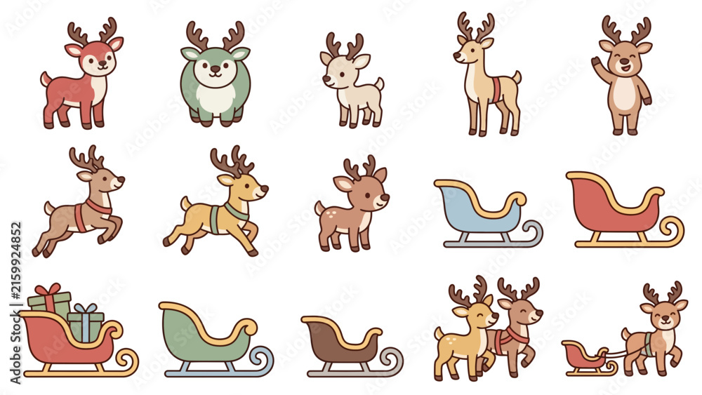 Fototapeta premium Cute cartoon reindeer and sleighs for winter holiday designs isolated on white background vector illustration