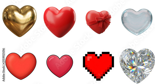 Collection of realistic and stylized heart elements isolated on transparent background featuring glossy, metallic, crystal and pixel designs, ideal for Valentine themes, games and creative projects.