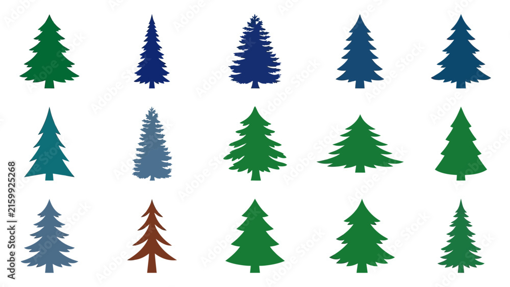 Obraz premium Diverse evergreen tree silhouettes in various blue and green tones for winter holiday designs