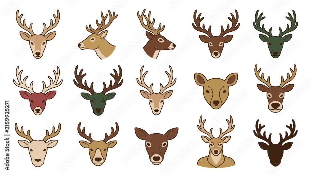 Fototapeta premium Diverse Deer Heads Collection in Flat Vector Style with Natural Color Palette