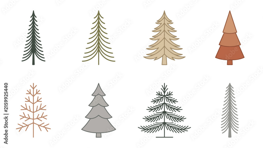 Fototapeta premium Diverse Pine Trees in Minimalist Vector Style With Subtle Color Palette For Winter Themes