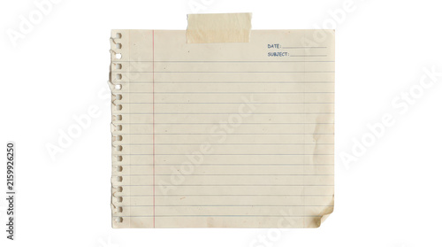 A piece of lined notebook paper with date and subject fields isolated on transparent background