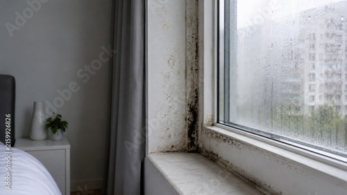 Black Mold Around Bedroom Window Frame With Condensation on Glass