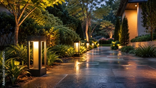 Evening residential pathway with modern bollard lights illuminating wet stone pavers, landscaped shrubs and trees reflecting warm light along a serene entrance walkway