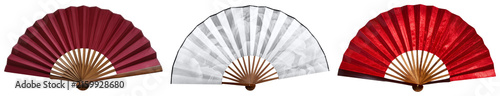 Fotografie Three traditional folding fans, one dark red, one white with grey pattern, and one bright red, isolated on a white background
