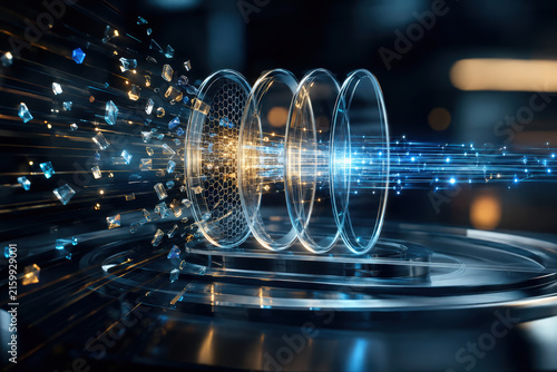 Technology innovation transformation resilience adaptability blue light lens glass optical science digital energy futuristic abstract