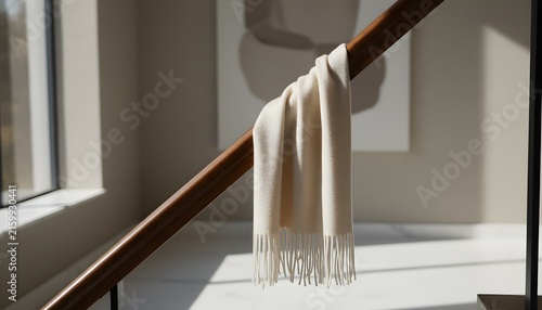 Soft cream woolen scarf on stair rail in bright modern minimalist home interior for cozy autumn fashion and lifestyle concept