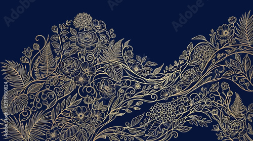 Luxurious golden floral pattern border with ferns and roses on a dark blue background
