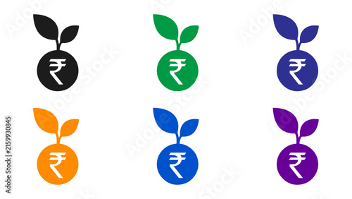 Indian Rupee Growth Icon Set with Sprout Plant in Six Colors