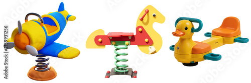 Cuadro en lienzo Set of three colorful playground spring riders: an airplane, a horse, and a duck, isolated on a white background