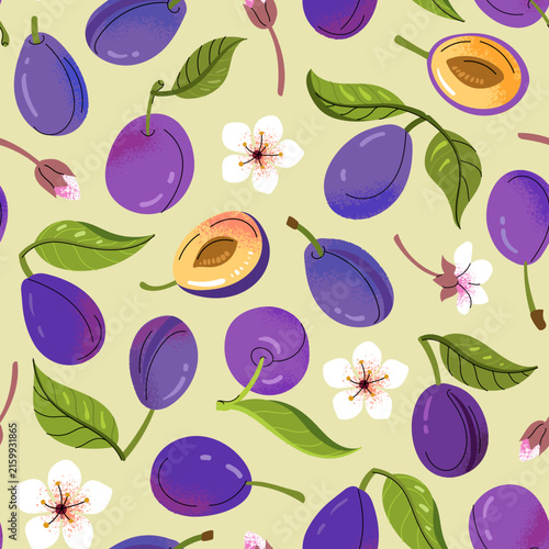 Decorative seamless pattern featuring hand drawn purple plums, green leaves and delicate white blossoms on a pale yellow background, creating a fresh botanical design for fabric, wallpaper 