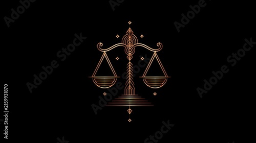 Elegant Line Art of a Scales Symbol Representing Justice and Balance with Decorative Elements on a Black Background
