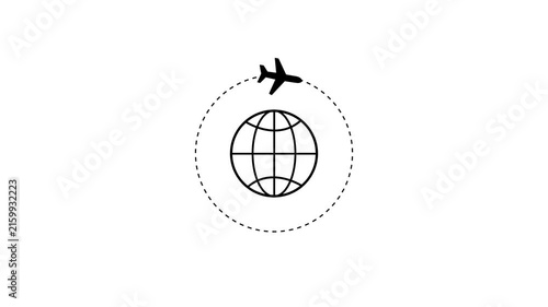 the plane flies along a trajectory. Planet earth with plane around.Flat isolated on a white