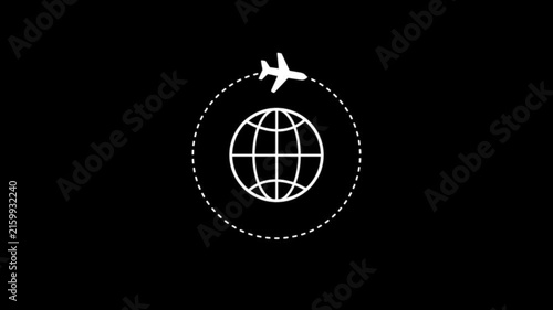 Airplane Flying Around Globe Motion Graphic Animation Loop Isolated Black Background Video Overlay