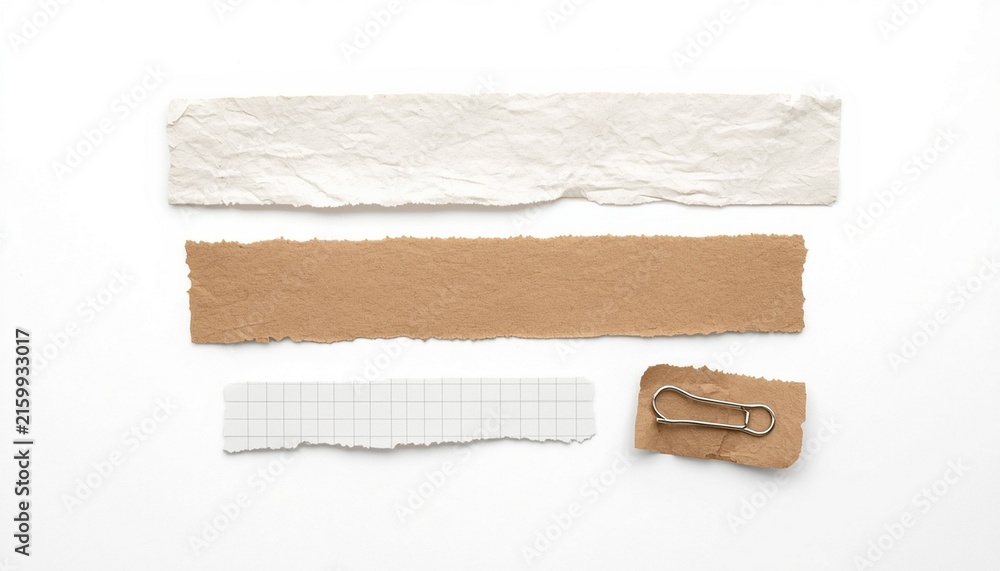 Obraz premium Collection of mixed torn paper pieces including white paper strip, kraft paper, grid note and small scrap with paperclip on transparent background