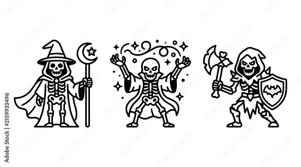 Fototapeta premium Skeleton wizard and warrior icons set featuring magic wand moon hat spell casting spells and battle axe outline vector illustration skeleton sorcerer monochrome character halloween collection