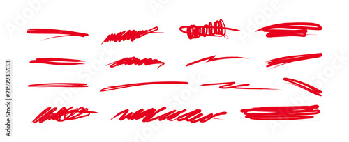 Red hand-drawn marker underlines and scribbles set, highlighter brush strokes, correction marks and strike through lines on transparent background