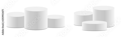 Set of 3D White Cylinder Podiums Pedestals for Product Display and Presentation Isolated on Transparent Background, Minimalist Round Stage for Awards, PNG.
