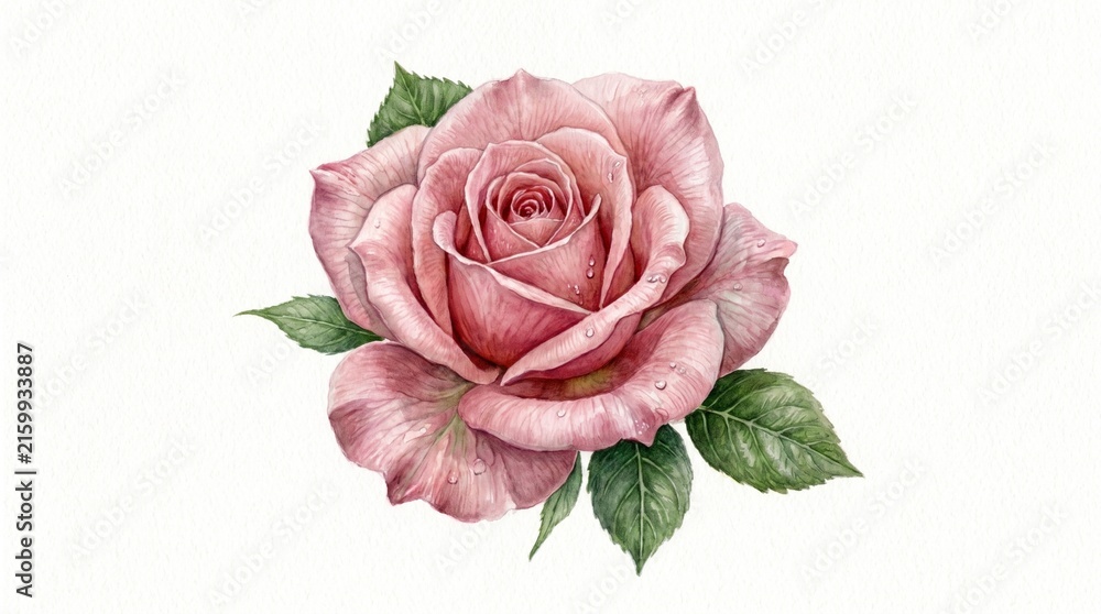 Fototapeta premium Pink rose blossom close-up top view on white background