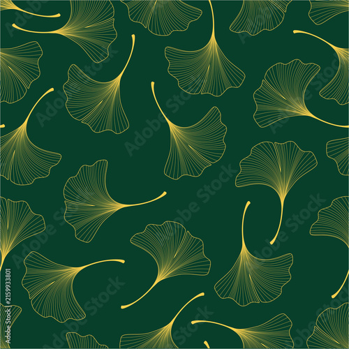 Seamless Ginkgo Leaf Pattern Gold Line Art on Emerald Green Background