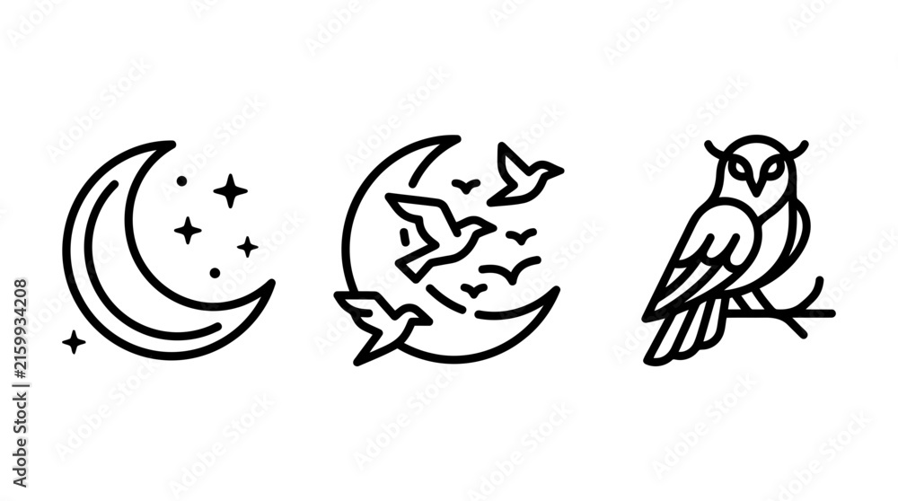 Fototapeta premium Set of line art halloween icons featuring a crescent moon with stars a moon with flying birds an owl perched on a branch halloween illustration creature mystical traditional celebration