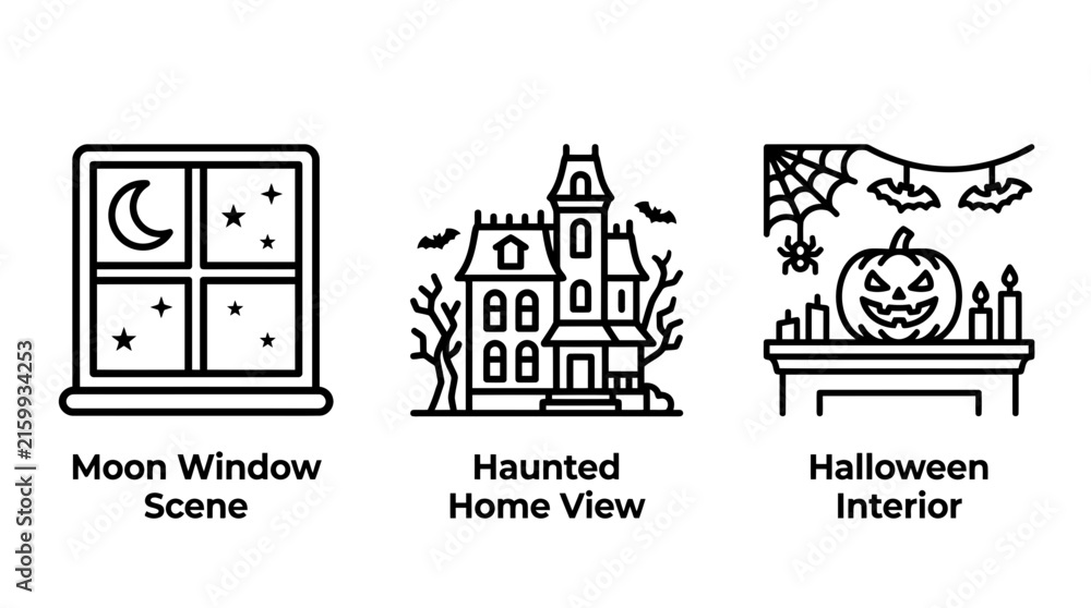 Obraz premium Halloween outline icon set showing moon window view haunted mansion house and interior mantelpiece with interior halloween mantelpiece architecture building celebration traditional minimalist