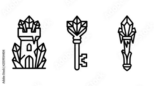 Crystal castle and magical key vector line icon collection featuring gemstone towers fantasy crystal keys mystic artifacts gemstone artifact historic architecture building illustration treasure