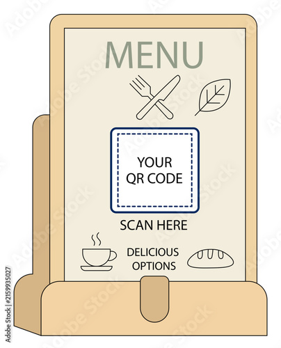 Wooden tabletop QR code menu holder display stand template layout for restaurant cafe bar digital contact payment feedback ordering sign design