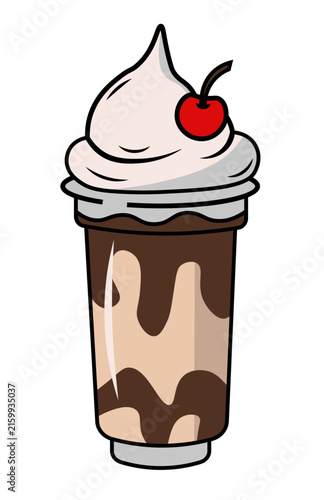 Cute cartoon chocolate milkshake iced coffee cup with whipped cream and cherry on top layout template for cafe dessert beverage drink menu design