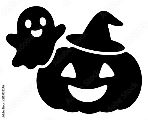 Cute Halloween Ghost and Witch Hat Pumpkin Black Silhouette Vector Illustration