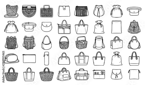 Traditional bags collection, ethnic woven purses, rustic fashion accessories, and vintage storage pouches black line vector icons set isolated on white background