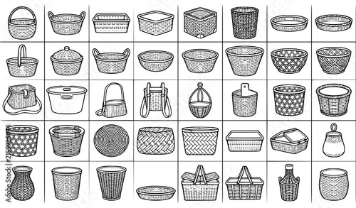 Traditional woven baskets collection, rustic wicker organization containers, ethnic bamboo handcraft vessels, and vintage weaving accessories black line vector icons set isolated on white background
