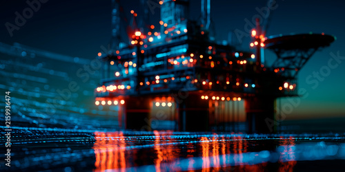 A detailed representation of an advanced oil rig is shown, illuminated by lights and enveloped in digital data patterns, emphasizing innovation in offshore energy production