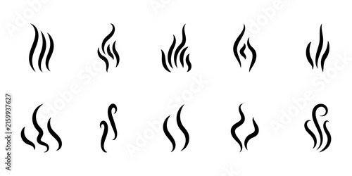 Black steam and smoke aroma swirl line vector icon set with hot wind breeze vapor fire elements. This icon set isolated on white background. Vector illustration. 