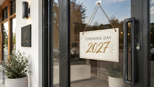 Opening Day 2027 Sign Hanging at Storefront for New Business Launch