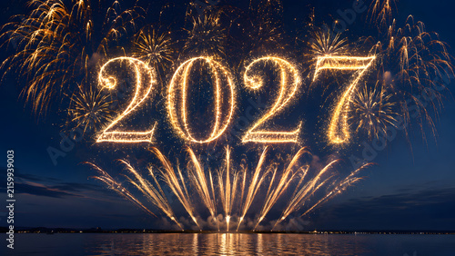 Golden Sparkler Style 2027 Numbers with New Year Fireworks at Night