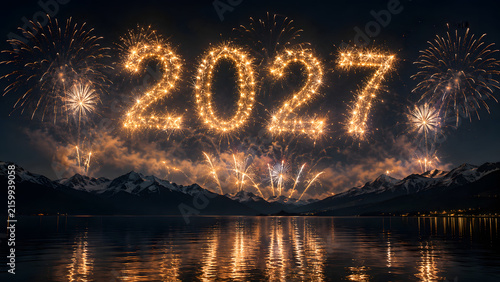 Spectacular Golden 2027 Fireworks Display Against Dark Night Sky