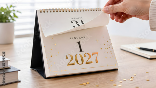 Desk Calendar Turning to New Year 2027 Planning and Fresh Start Concept
