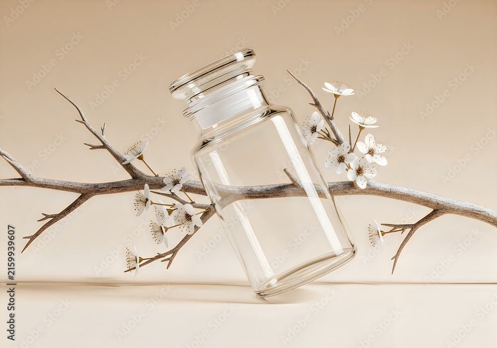 Obraz premium Empty glass jar with lid on a flowering branch, natural product mockup