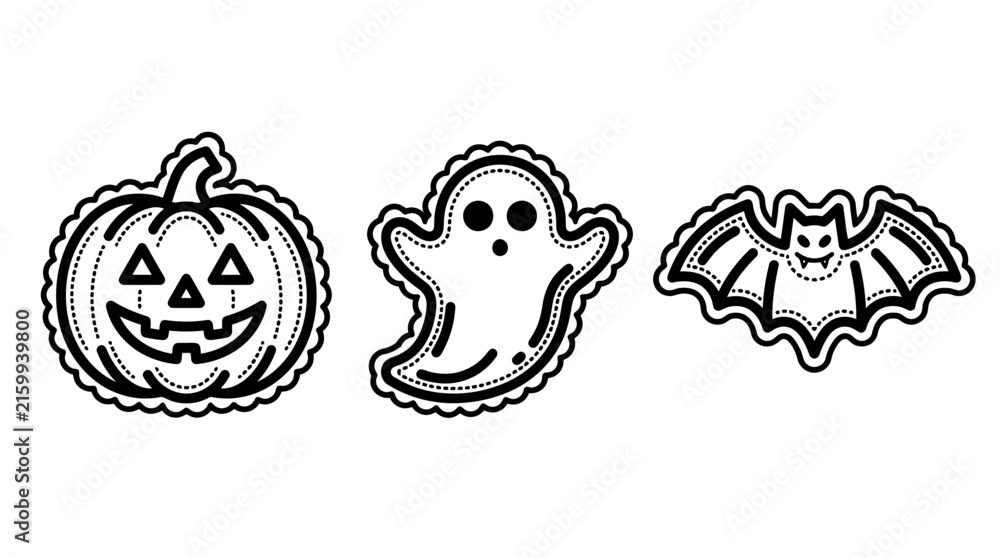 Obraz premium Halloween icon set line art featuring jack o lantern pumpkin ghost and bat symbols halloween celebration illustration silhouette decoration seasonal tradition festival