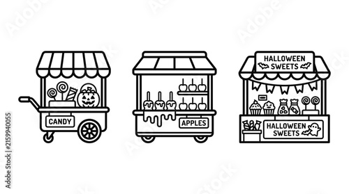 Set of halloween candy cart caramel apples stall sweets shop featuring outline vector illustrations halloween celebration tradition seasonal illustration children