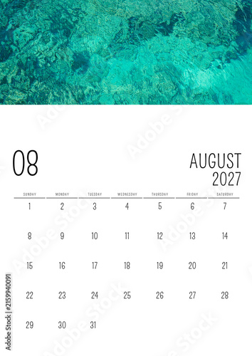 August 2027 English Calendar with Turquoise Tropical Water
