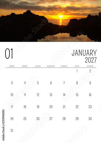 January 2027 English Calendar with Sunset Mountain Landscape