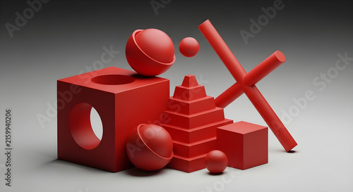 Minimalist 3D Red Geometric Shapes Composition Featuring Spheres Cubes Pyramids and Cylindrical Structures on a Neutral Gray Background